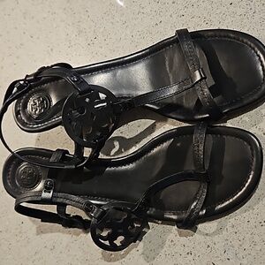Tory Burch Miller Wedge T-strap Sandals black size 9 EUC